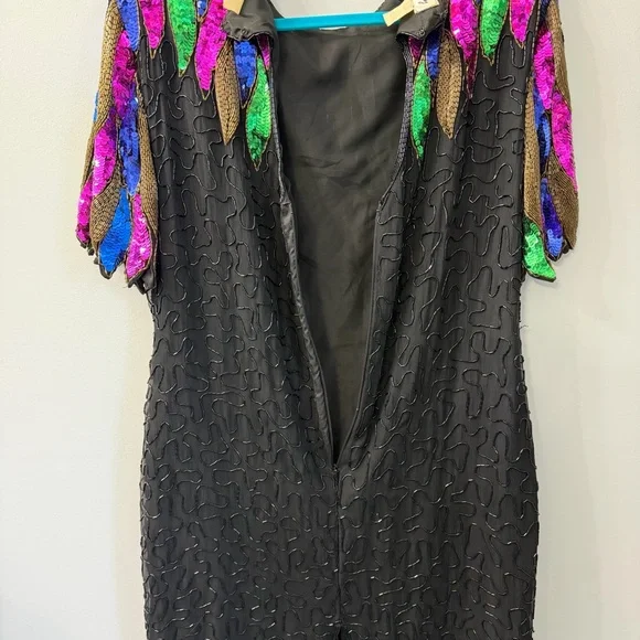 Vintage Stenay Sequins Beaded Feather Black Short Sleeve Silk Dress Size 16